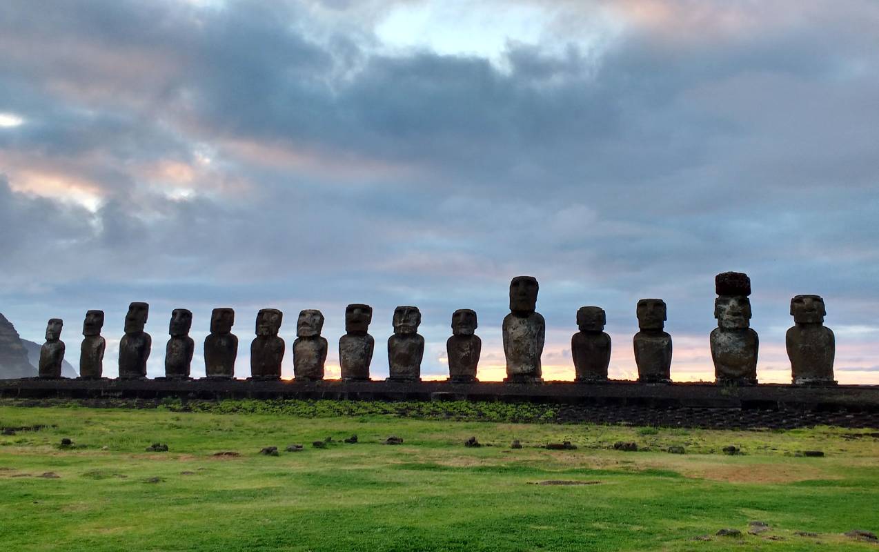Easter Island statues in a long line