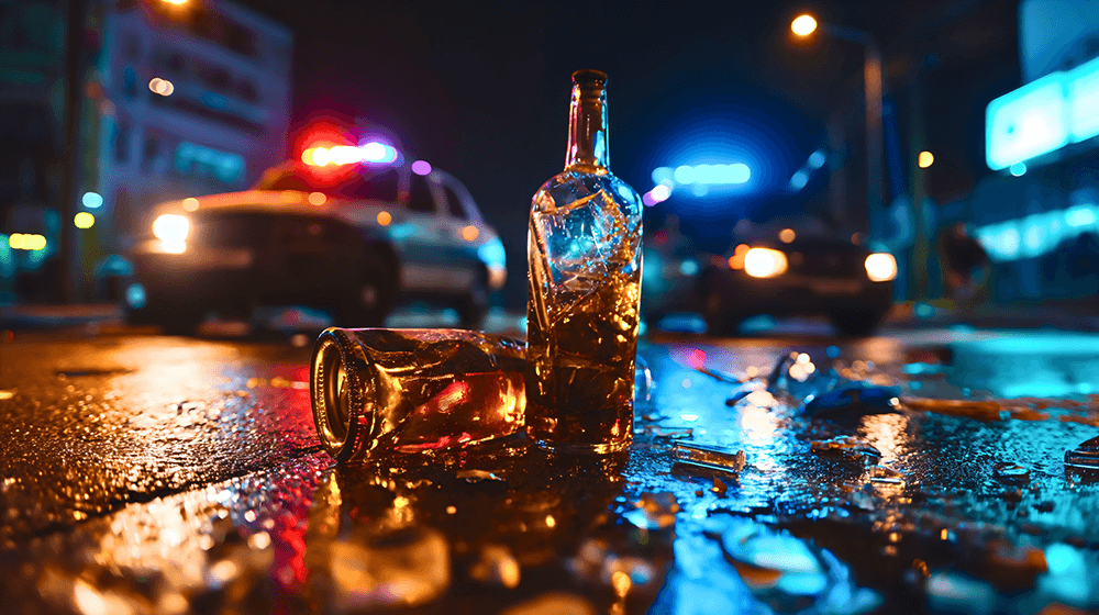 Glass bottles of alcohol drinks on the road, police car with lights on the city street at night.
