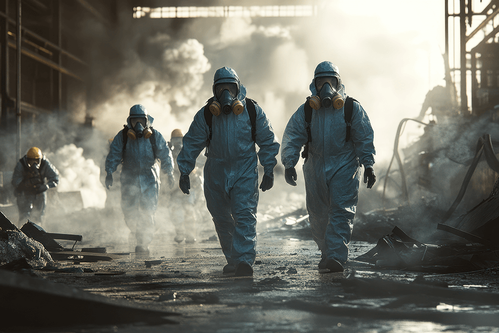 Workers in protective suits navigate through a smoky industrial site during a hazmat operation.